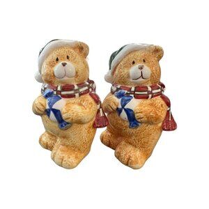 Ceramic Bears in Christmas Santa Hat and Scarf Salt and Pepper Shakers